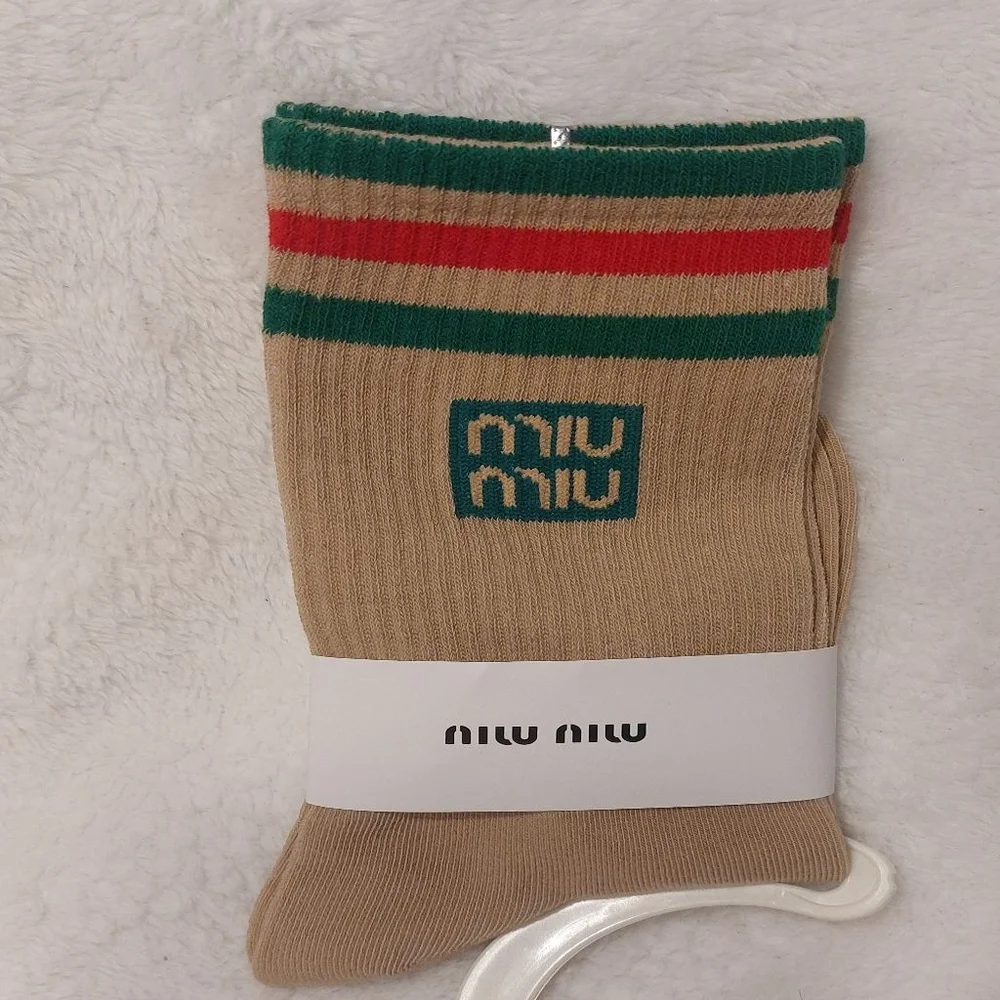 Miu Miu Ankle Socks Beige and RedWomen size 7-9